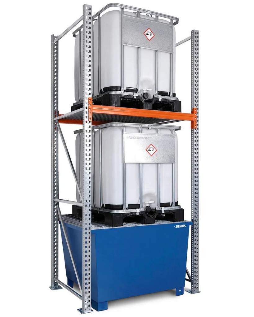 Paletni regali za nevarne snovi, osnovni del, 2 skladiščni nivoji, barvan pladenj za zadrževanje razlitij, 1600 x 1300 x 3300 mm