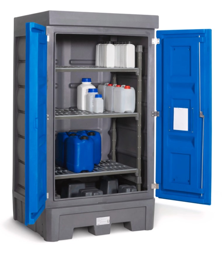 PolySafe odlagališče za nevarne snovi | s ​​plastičnimi policami in vrati za majhne posode | 2060x1140x1050 mm
