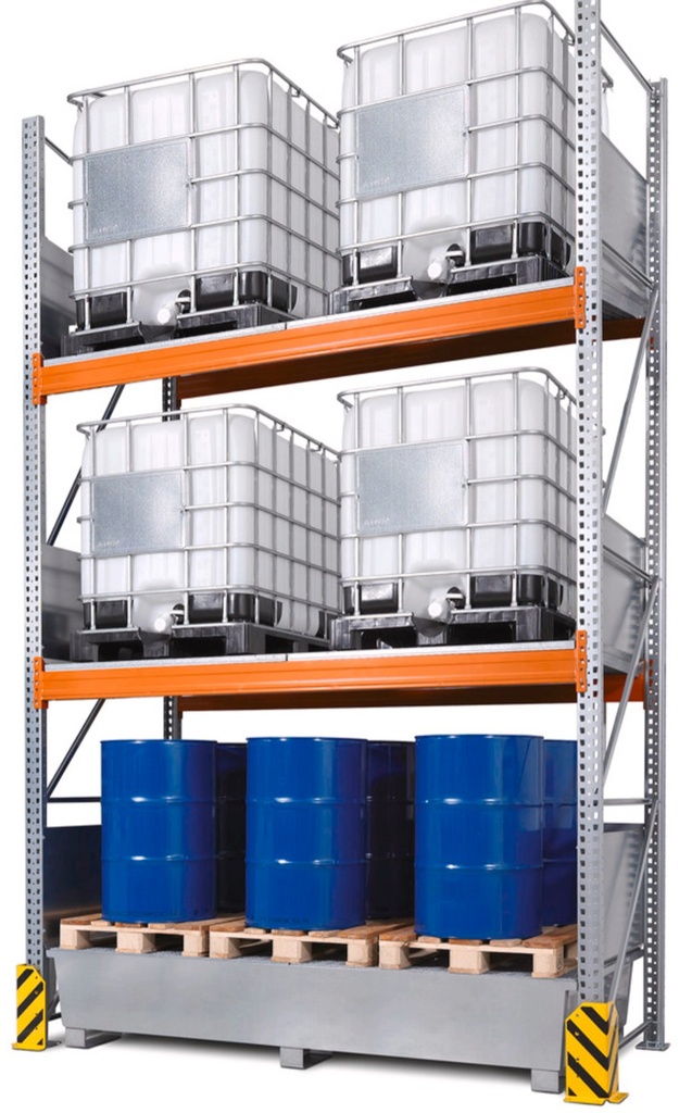 Regal za shranjevanje IBC posod | 3 nivoji za 6x IBC po 1000 litrov | pocinkan zbirni pladenj | K6-I